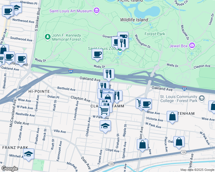 map of restaurants, bars, coffee shops, grocery stores, and more near 1016 Art Hill Place in St. Louis