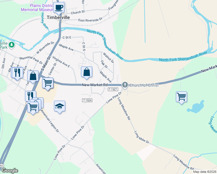 map of restaurants, bars, coffee shops, grocery stores, and more near 369 Sherando Court in Timberville