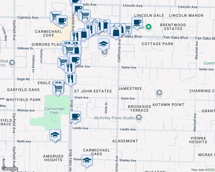 map of restaurants, bars, coffee shops, grocery stores, and more near 3640 Wintun Drive in Carmichael