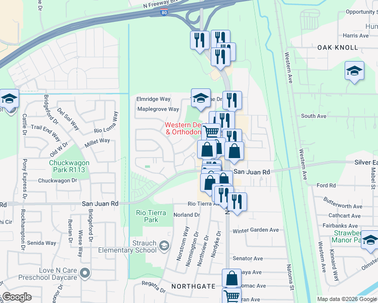 map of restaurants, bars, coffee shops, grocery stores, and more near 3476 Larchwood Drive in Sacramento