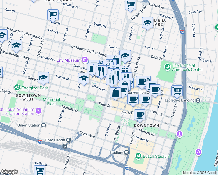 map of restaurants, bars, coffee shops, grocery stores, and more near 425 North Tucker Boulevard in Saint Louis