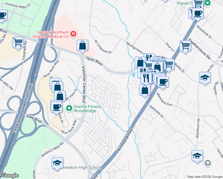 map of restaurants, bars, coffee shops, grocery stores, and more near 14813 Potomac Branch Drive in Woodbridge