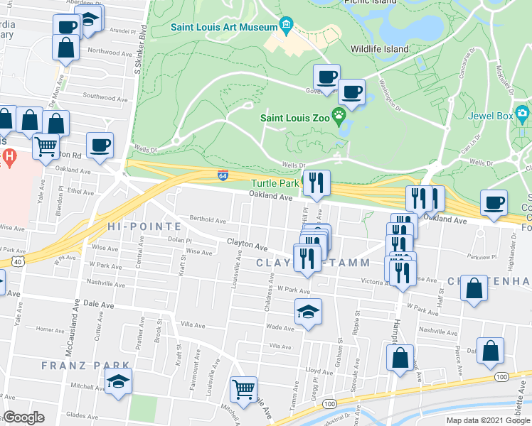map of restaurants, bars, coffee shops, grocery stores, and more near 1021 Sanford Avenue in St. Louis