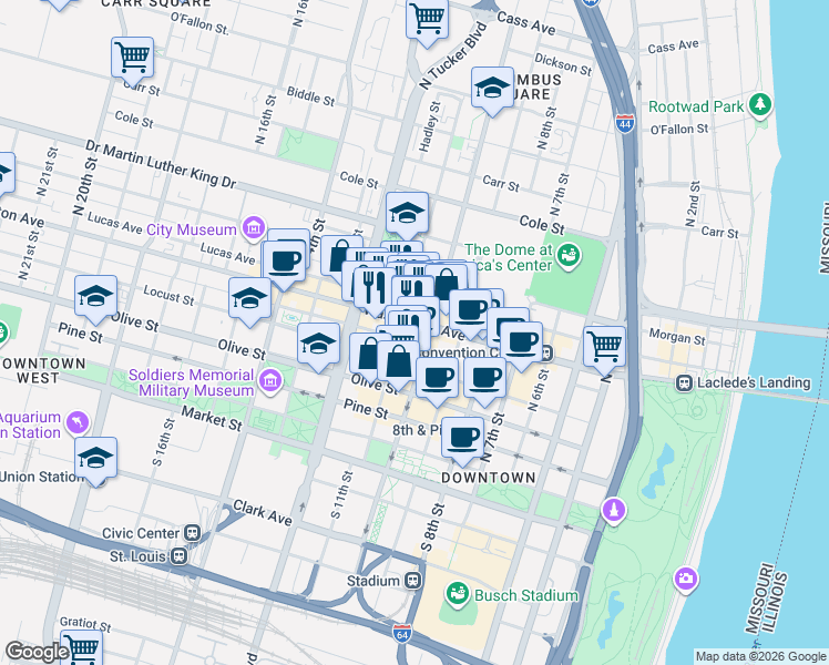 map of restaurants, bars, coffee shops, grocery stores, and more near 1000 Washington Avenue in Saint Louis