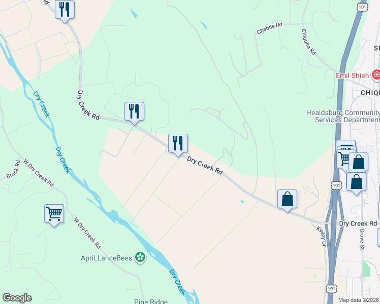 map of restaurants, bars, coffee shops, grocery stores, and more near 995 Dry Creek Road in Healdsburg