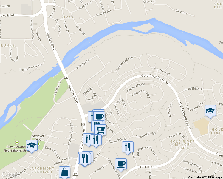 map of restaurants, bars, coffee shops, grocery stores, and more near 11301 Mother Lode Circle in Gold River