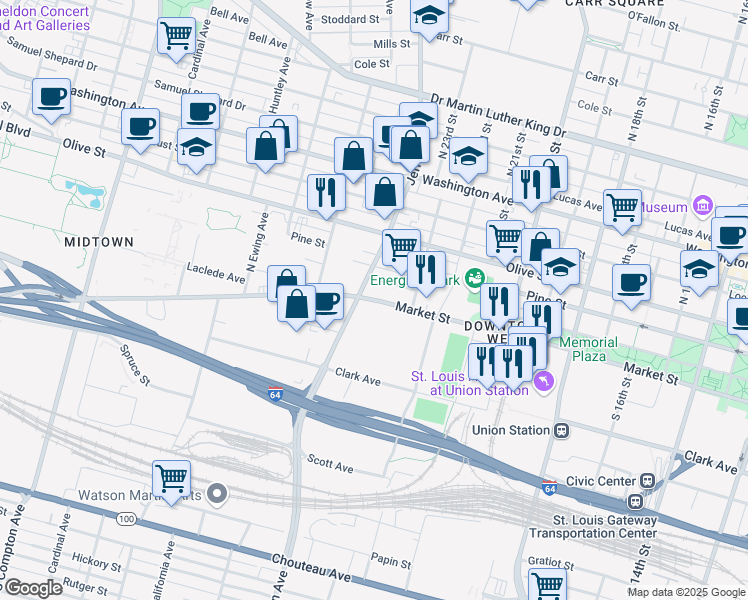 map of restaurants, bars, coffee shops, grocery stores, and more near 2340 Market Street in St. Louis