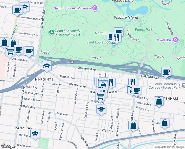 map of restaurants, bars, coffee shops, grocery stores, and more near 1016 Childress Avenue in St. Louis