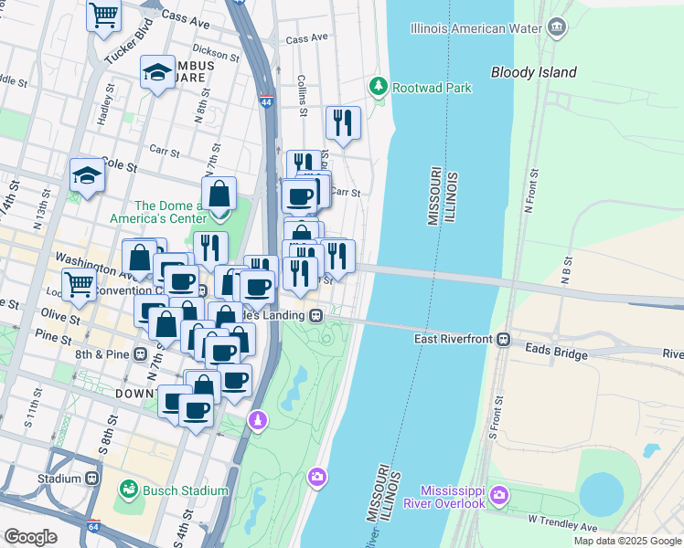 map of restaurants, bars, coffee shops, grocery stores, and more near 806-808 North 1st Street in St. Louis