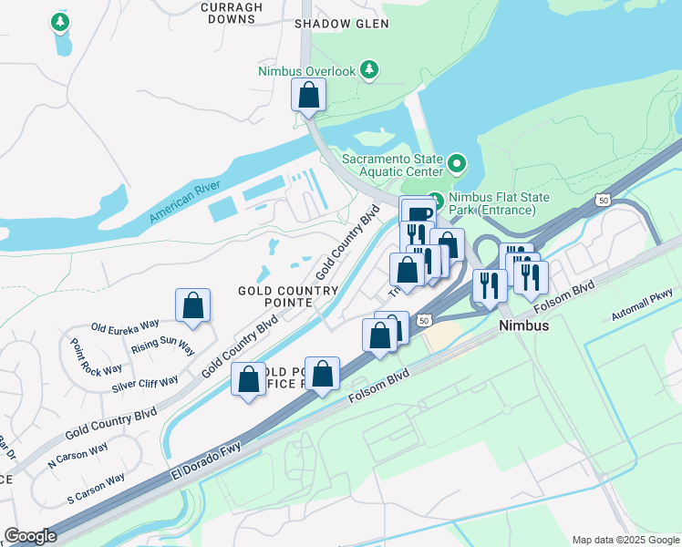 map of restaurants, bars, coffee shops, grocery stores, and more near 12132 Gold Bluff Lane in Gold River