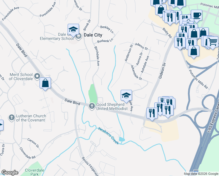 map of restaurants, bars, coffee shops, grocery stores, and more near 14840 Anderson Court in Woodbridge