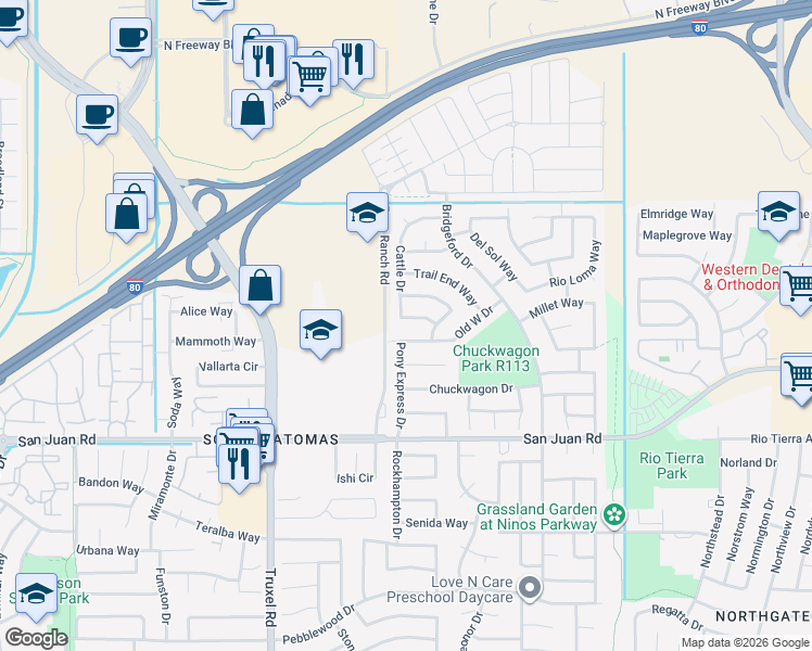 map of restaurants, bars, coffee shops, grocery stores, and more near 3477 Cattle Drive in Sacramento