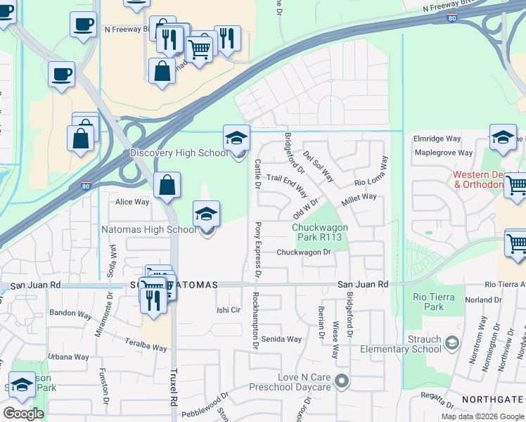 map of restaurants, bars, coffee shops, grocery stores, and more near 3477 Cattle Drive in Sacramento