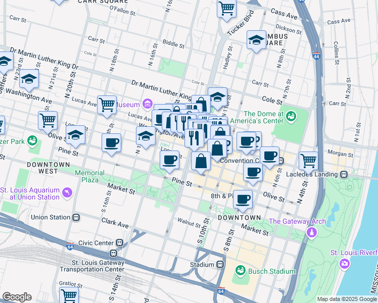 map of restaurants, bars, coffee shops, grocery stores, and more near 414 North Tucker Boulevard in St. Louis