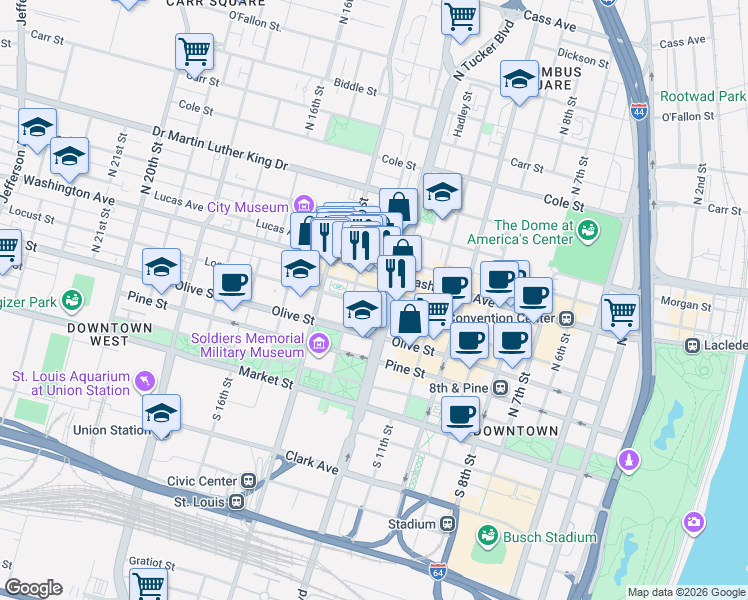 map of restaurants, bars, coffee shops, grocery stores, and more near 1221 Locust Street in St. Louis