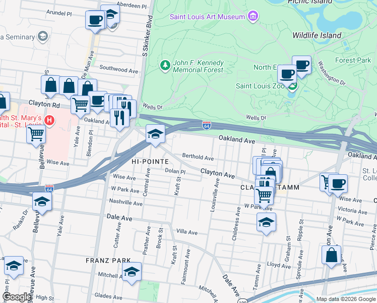 map of restaurants, bars, coffee shops, grocery stores, and more near 6661 Berthold Avenue in St. Louis