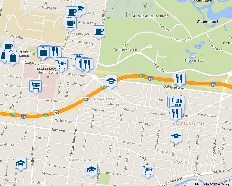 map of restaurants, bars, coffee shops, grocery stores, and more near 6701 Clayton Avenue in St. Louis