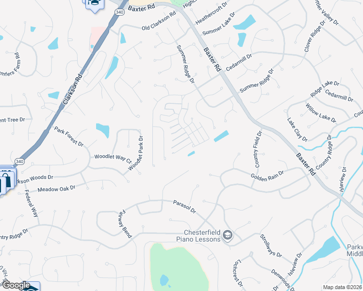 map of restaurants, bars, coffee shops, grocery stores, and more near 15824 Harris Ridge Court in Chesterfield