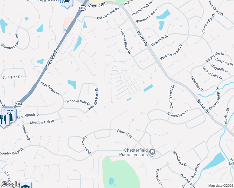 map of restaurants, bars, coffee shops, grocery stores, and more near 15824 Harris Ridge Court in Chesterfield