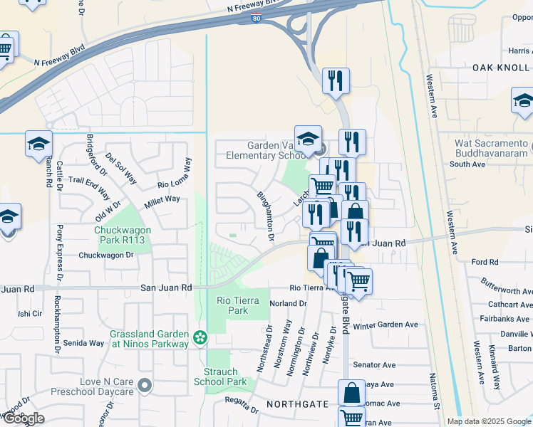 map of restaurants, bars, coffee shops, grocery stores, and more near 3485 Binghamton Drive in Sacramento