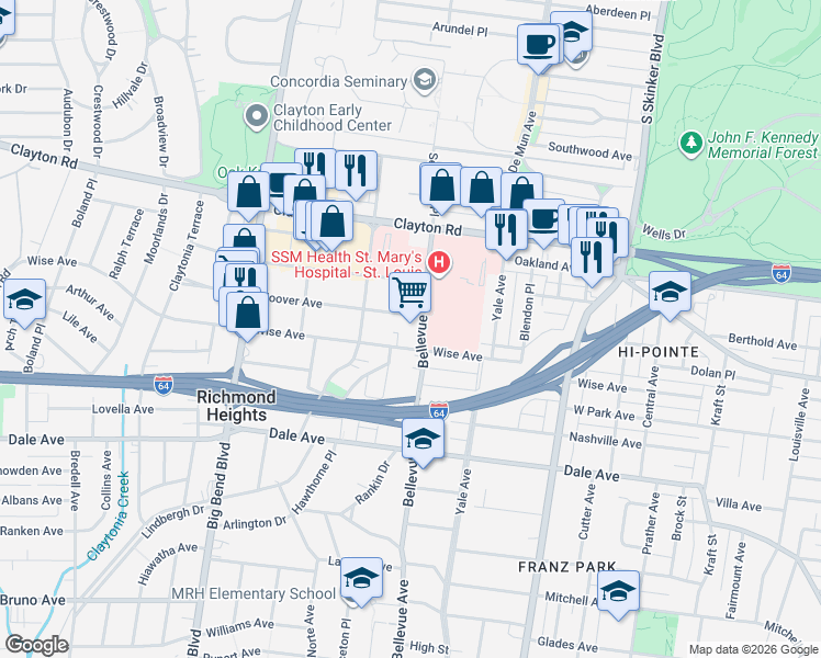 map of restaurants, bars, coffee shops, grocery stores, and more near 1107 Bellevue Avenue in St. Louis
