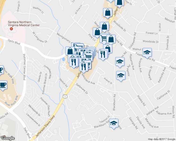 map of restaurants, bars, coffee shops, grocery stores, and more near 14811 Build America Dr in Woodbridge