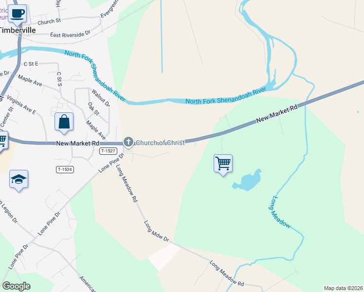 map of restaurants, bars, coffee shops, grocery stores, and more near 15266 New Market Road in Timberville