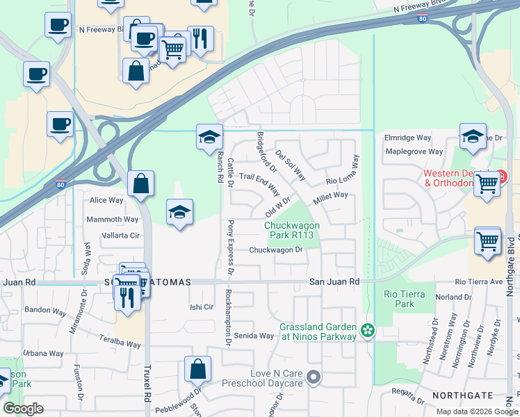 map of restaurants, bars, coffee shops, grocery stores, and more near 3458 Sagehen Way in Sacramento