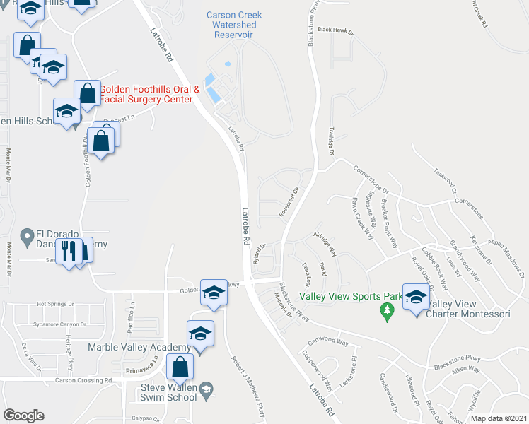 map of restaurants, bars, coffee shops, grocery stores, and more near 3631 Rose Crest Circle in El Dorado Hills