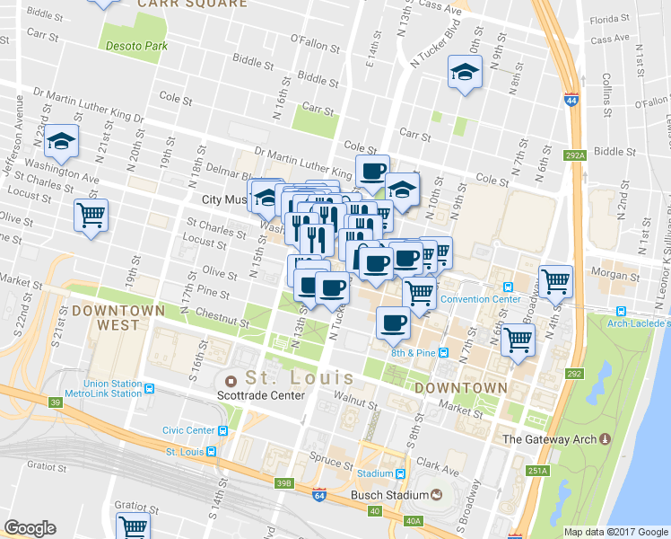map of restaurants, bars, coffee shops, grocery stores, and more near 1221 Locust Street in St. Louis