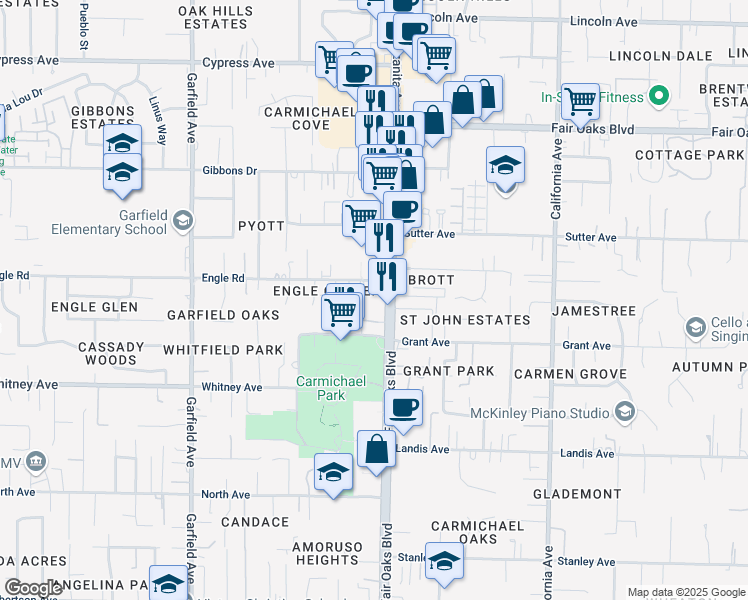 map of restaurants, bars, coffee shops, grocery stores, and more near 7135 Fair Oaks Boulevard in Carmichael