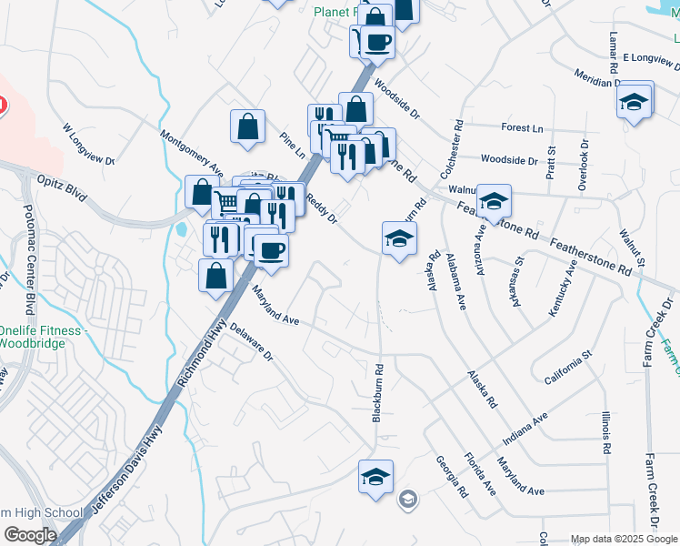 map of restaurants, bars, coffee shops, grocery stores, and more near 14821 Winding Loop in Woodbridge