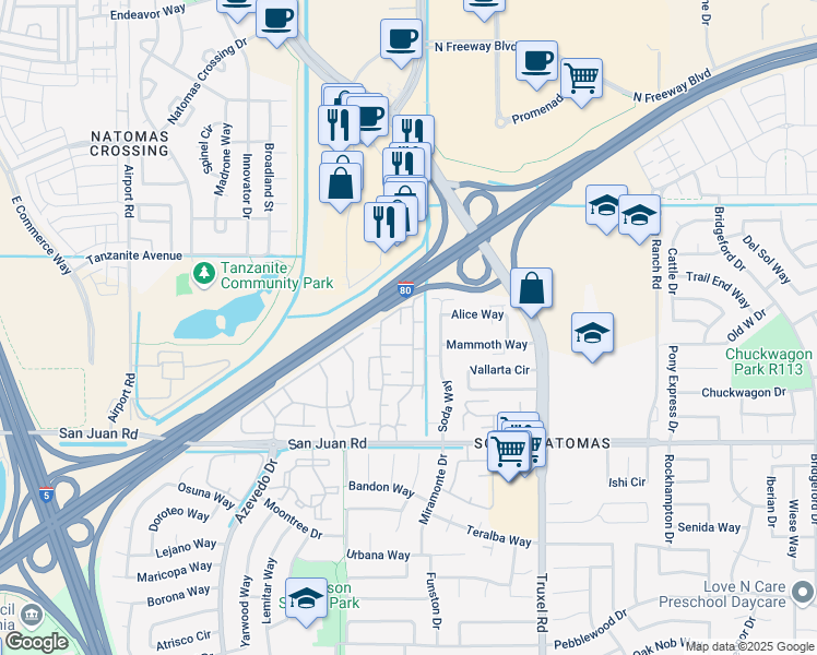 map of restaurants, bars, coffee shops, grocery stores, and more near 3535 Summer Park Drive in Sacramento
