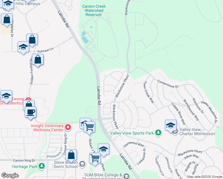 map of restaurants, bars, coffee shops, grocery stores, and more near 3631 Rose Crest Circle in El Dorado Hills