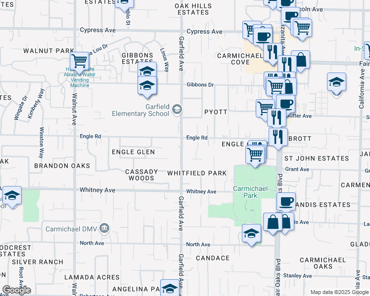 map of restaurants, bars, coffee shops, grocery stores, and more near 3640 Garfield Avenue in Carmichael