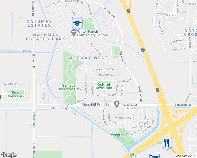 map of restaurants, bars, coffee shops, grocery stores, and more near 2981 Myotis Drive in Sacramento