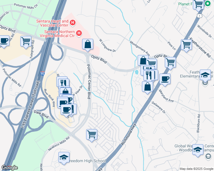 map of restaurants, bars, coffee shops, grocery stores, and more near 14792 Potomac Branch Drive in Woodbridge