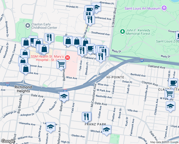 map of restaurants, bars, coffee shops, grocery stores, and more near 1114R Blendon Place in St. Louis