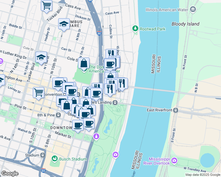 map of restaurants, bars, coffee shops, grocery stores, and more near 801 North 2nd Street in St. Louis