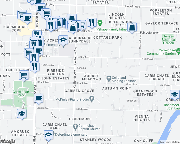 map of restaurants, bars, coffee shops, grocery stores, and more near 6305 Pattypeart Way in Carmichael