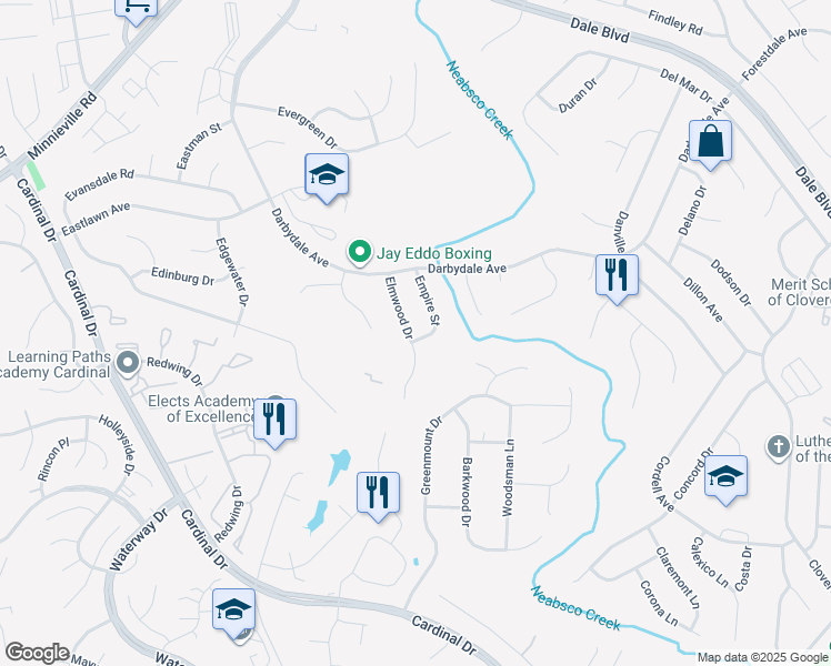 map of restaurants, bars, coffee shops, grocery stores, and more near 14816 Elmwood Drive in Woodbridge