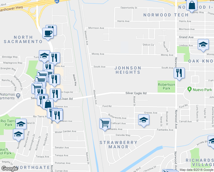 map of restaurants, bars, coffee shops, grocery stores, and more near 75 Silver Eagle Road in Sacramento