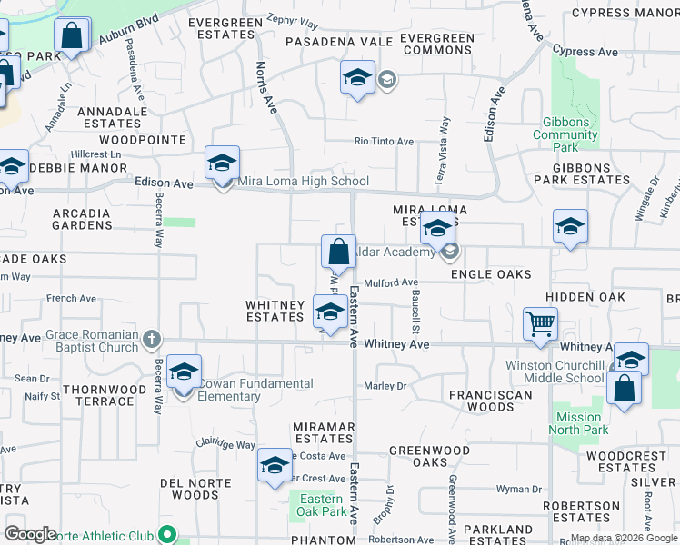 map of restaurants, bars, coffee shops, grocery stores, and more near 3624 Mulholland Way in Sacramento