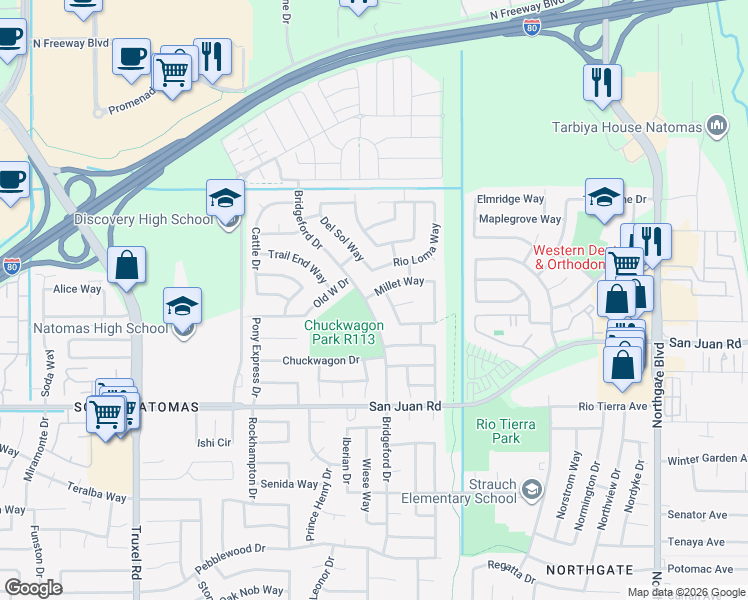 map of restaurants, bars, coffee shops, grocery stores, and more near 3462 Bridgeford Drive in Sacramento