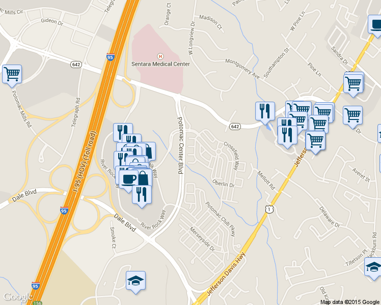 map of restaurants, bars, coffee shops, grocery stores, and more near 2385 Brookmoor Lane in Woodbridge