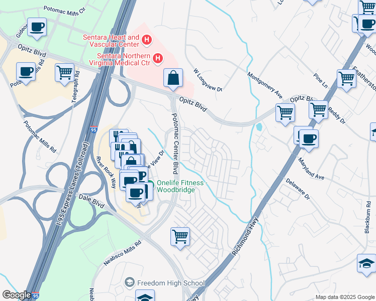 map of restaurants, bars, coffee shops, grocery stores, and more near 2391 Brookmoor Lane in Woodbridge