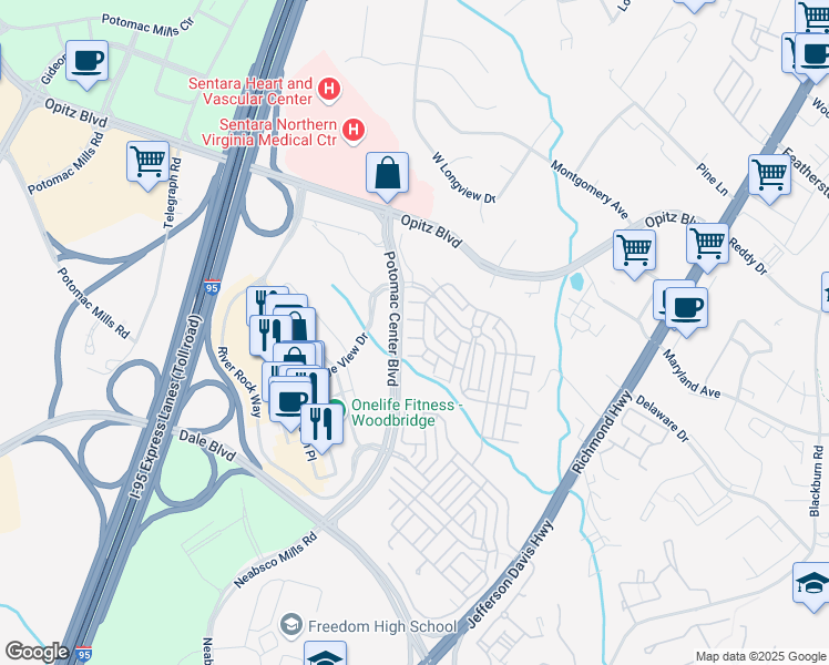 map of restaurants, bars, coffee shops, grocery stores, and more near 2385 Brookmoor Lane in Woodbridge