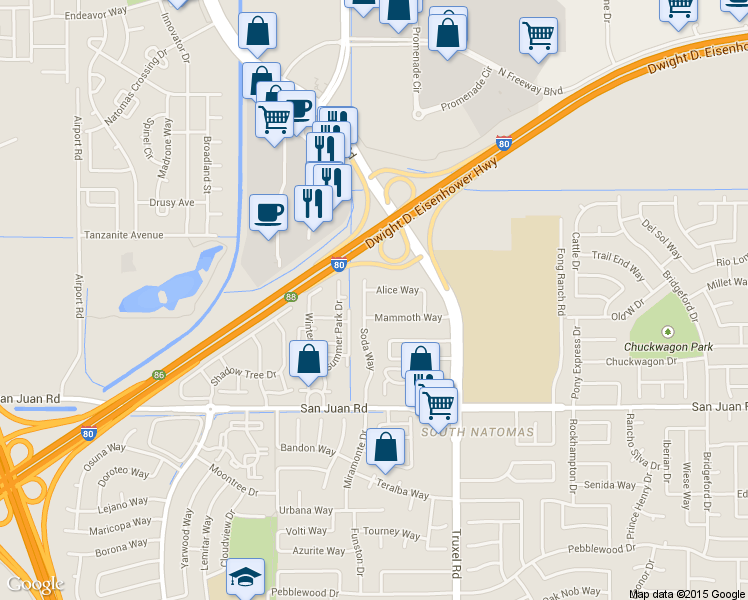 map of restaurants, bars, coffee shops, grocery stores, and more near 1970 Alice Way in Sacramento