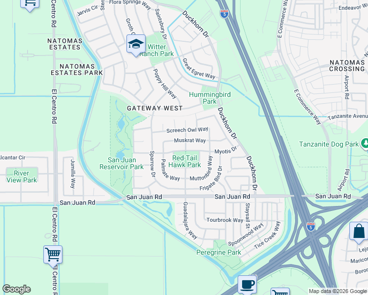 map of restaurants, bars, coffee shops, grocery stores, and more near 2957 Myotis Drive in Sacramento