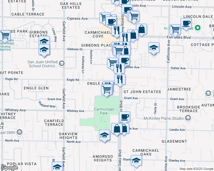 map of restaurants, bars, coffee shops, grocery stores, and more near 3632 Hallelujah Court in Carmichael